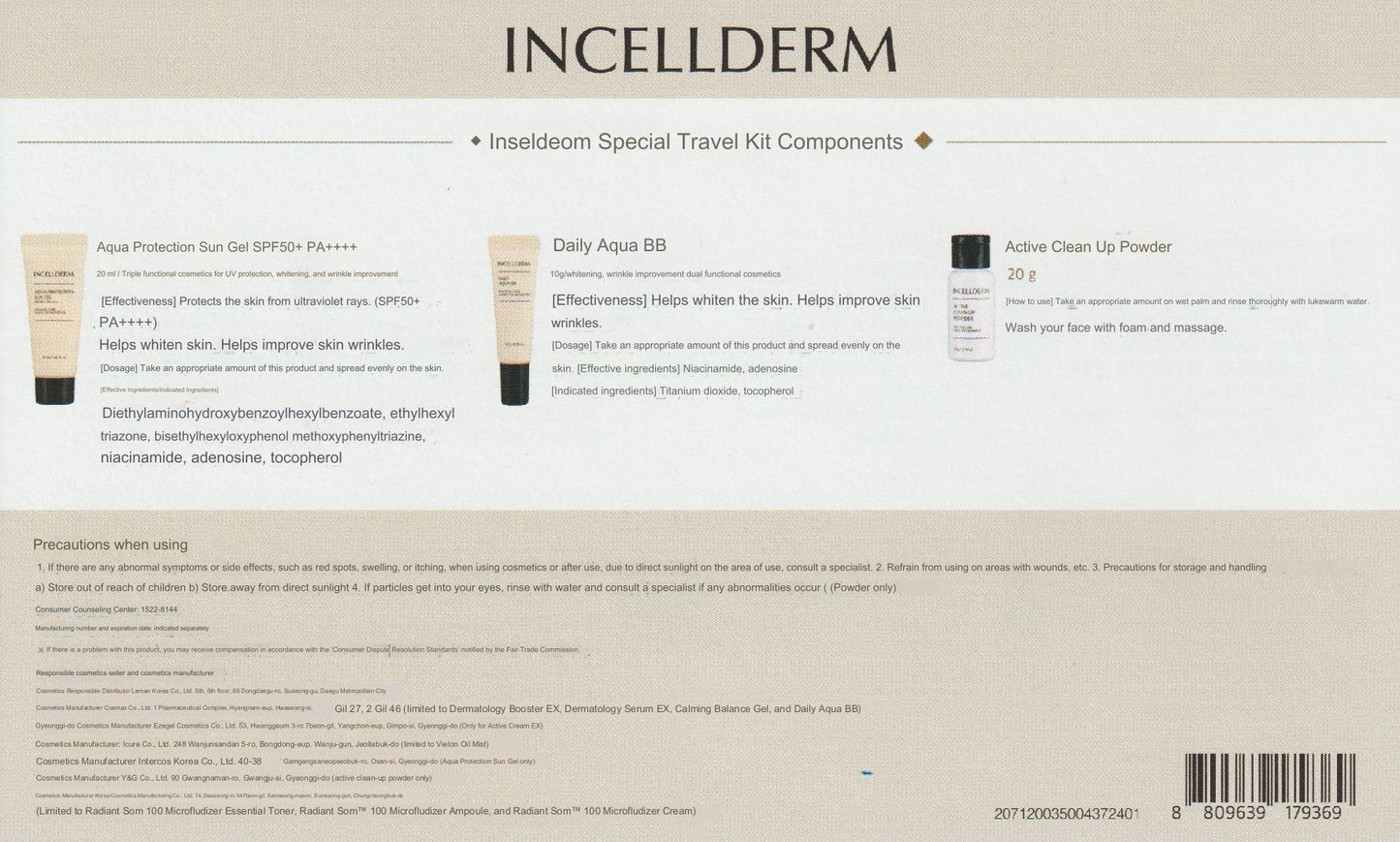 Incellderm Korea Mini TSA -approved Travel size 11pcs